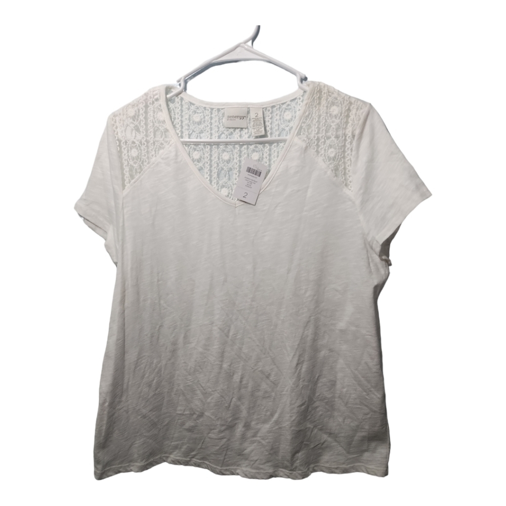 Chicos Zenergy Retreat V Neck Lace Yoke Tee Top Blouse White Size 2 or US Lg - Picture 1 of 6